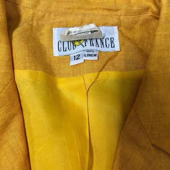 Club France Womens Yellow 100% Linen 2 Piece Pant Suit Short Sleeve Blazer 12 - Picture 5 of 5
